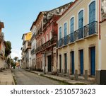 Old tiled facades from the Portuguese colonial period, with iron balconies in the windows, on Rua do Giz, historic center of the city of São Luis MA, northeastern Brazil