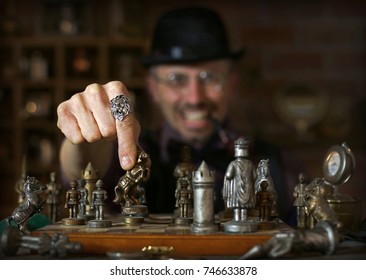 Old Times Man Playing Antique Chess.