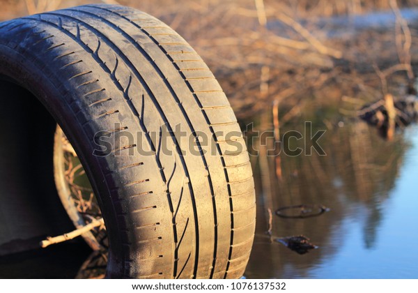 Old tire on the\
roadside in the water