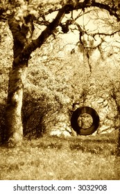 Old Tire Swing Sepia Tone Childhood Memories