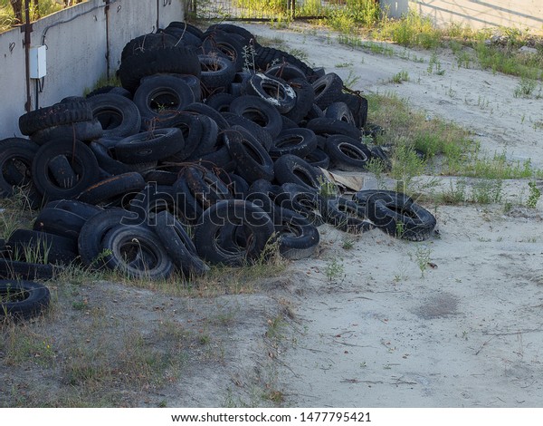 Old\
tires of trucks and cars, lie in a heap. Rubber\
dump.