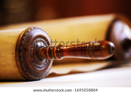Old torah scroll book close up detail. Torah Jewish People. Shallow depth of field
