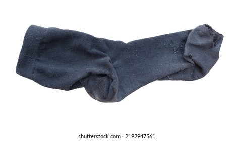 Old Torn Black Sock On A White Background. Isolated. Top View.