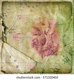 Old torn crumpled paper  with hand drawn rose. Vintage background for design