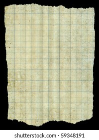 Old Torn Stained Dirty Graph Paper Isolated Black Background.