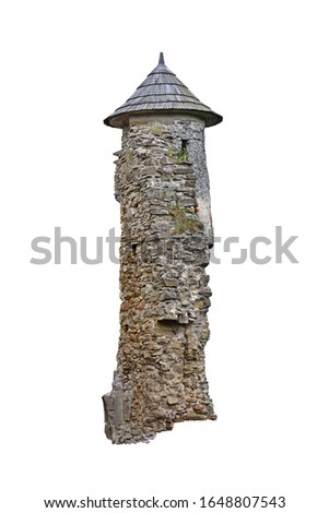 Old tower of castle. Medieval building. Ancient historic architectural element on white background