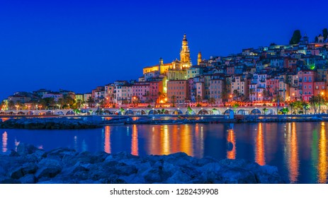 Old Town Architecture Of Menton On French Riviera By Night