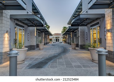 The Old Town Arts District Of Downtown Scottsdale Arizona As The Sun Is  Setting Showing The Rotunda On Main Street.