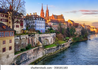 Old town of Basel with red stone Munster cathedral on the Rhine river, Switzerland