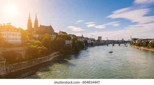 Old town of Basel with red stone Munster cathedral on the Rhine river, Switzerland