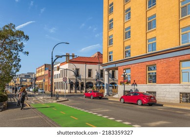 Old Town With Beautiful Architecture Buildings In Victoria BC. Pedestrian Exploring Charm Of Old Town. Beautiful Houses Of Old Historical Neighborhood. Travel Photo, Nobody-July 19,2022