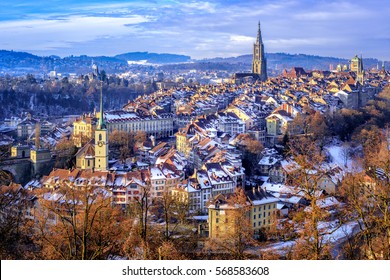 Old Town Of Bern, Capital Of Switzerland, Covered With White Snow In Winter