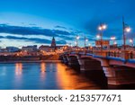 Old town bridge and St. Marys cathedral in Gorzow Wielkopolski at blue hour. Poland