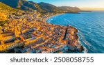 Old town of Cefalu, medieval village of Sicily island, Province of Palermo, Italy. Aerial