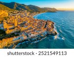 Old town of Cefalu, medieval village of Sicily island, Province of Palermo, Italy. Aerial