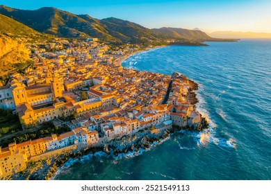 Old town of Cefalu, medieval village of Sicily island, Province of Palermo, Italy. Aerial - Powered by Shutterstock