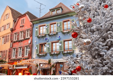 Old town of Colmar, decorated and illuminated at Christmas time, Alsace, France