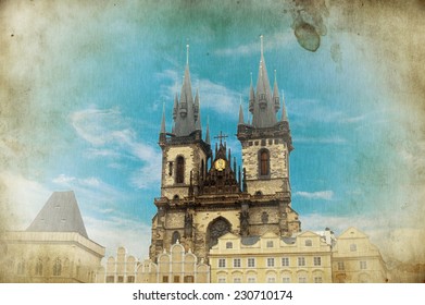 Old Town Hall In Prague. Vintage Card