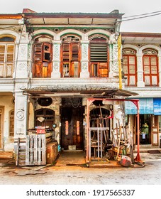 Old Town House In George Town, Penang. Typical Town House In Malaysia. Chinese Area In The City.