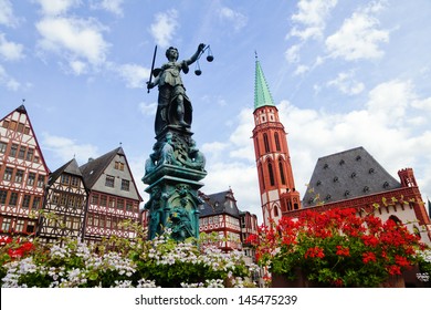 old town with the Justitia statue in Frankfurt, Germany