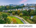 Old town Luxembourg City skyline, cityscape in Europe at sunset