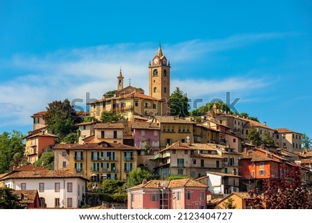 Old town of Monforte d'Alba under blue sky in Piedmont, Northern Italy.