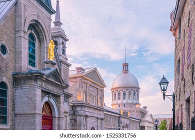 Old Town Montreal At Famous Cobbled Streets At Twilight In Canada