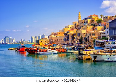 Old town and port of Jaffa and modern skyline of Tel Aviv city, Israel