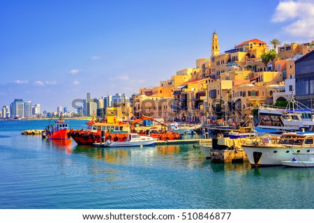 Old town and port of Jaffa and modern skyline of Tel Aviv city, Israel Foto stock © 