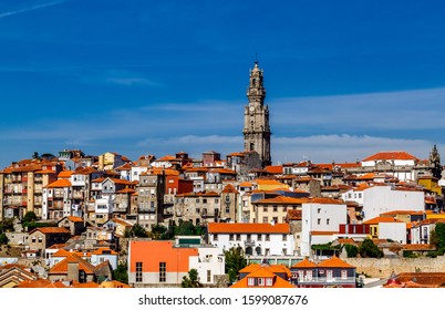 Old Town Porto With Tower Clerigos (Torre Dos Clérigos) View With Colorful Houses, Portugal.