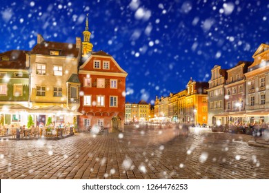 Old Town Of Poznan On A Cold Winter Night With Falling Snow, Poland