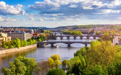 Old Town Of Prague. Czech Republic Over River Vltava With Charles Bridge On Skyline. Prague Panorama Landscape View With Red Roofs.  Prague View From Letna Park, Prague, Czechia.