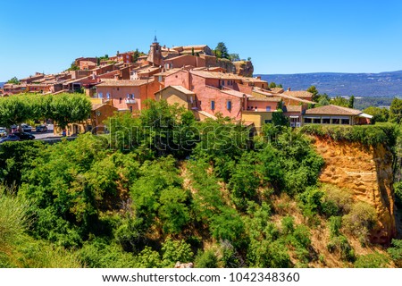 Old Town of Roussillon, Provence, France, is listed as one of the most beautiful villages of France (Les Plus Beaux Villages de France), is situated by the ochre Red Cliffs (Les Ocres)