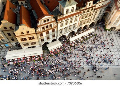 Old Town square with tourist crowd in Prague, Czech Republic, view from above