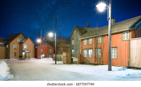 Old Town Street At Starry Night, Tromso, Norway 