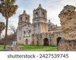 Old traditional architecture of the  Mission Concepción church building. Located at the San Antonio Missions historical Park in San Antonio Texas. Photo taken during sunrise