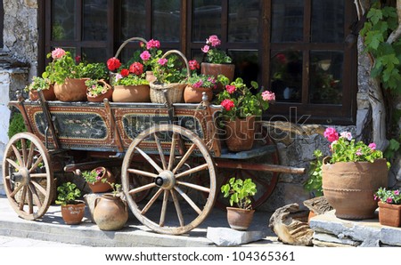 old traditional bulgarian wagon with Flowers in Veliko Tarnovo Bulgaria