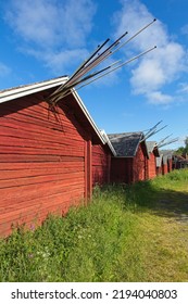 Old Traditional Red Buildings In Autumn At Kukkola, Lapland, Finland.