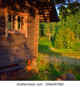 An old traditional rustic wooden house (log cabin) with a small windows. Green birch tree forest in the background. Pastoral landscape. Setomaa, Estonia