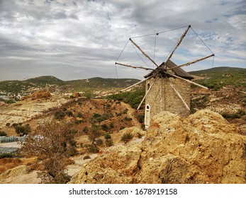 Old traditional windmill in rocky rural landscape, Turkey