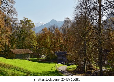 Old traditional wooden houses in open air museum Ballenberg in autumn. View of the snow-capped Alps. Canton of Bern, Switzerland. - Powered by Shutterstock