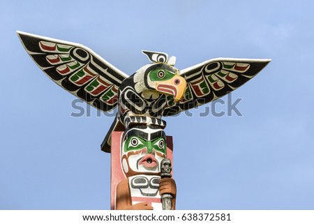old traditional wooden totem masks in Canada