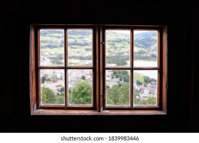 Old, traditional wooden window with view, Voss, Norway