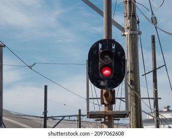 Old Traffic Lights On A Local Train In Japan. Red Signal.