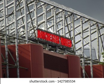 Old Trafford, Manchester, Lancashire, England, UK - September 2016. Manchester United Logo/lettering On Outside Of Stand.