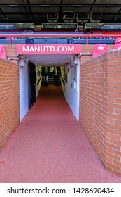 Old Trafford, Manchester, UK - January 20, 2019:  Portrait View Of The Original Tunnel Found Near The Dugouts At The Manchester United Football Stadium.