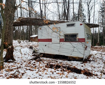 Old Trailer Home Damaged By Fallin Tree. Insurance 