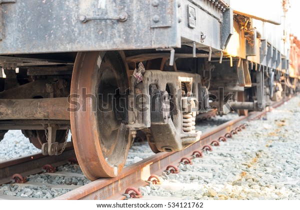 Old Train Car on track.\
In Closeup.