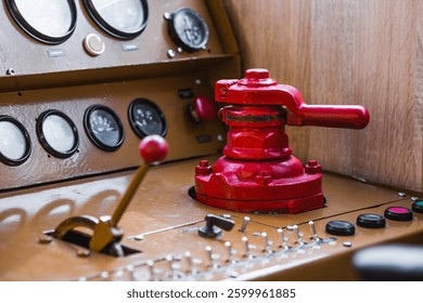 The old train control panel. Train driver. Control devices in the driver's cabin on railway transport.