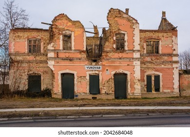 The old train station outside of Vukovar, Vukovar-Srijem Country, Slavonia, eastern Croatia. The building was severely damaged buring the Balkans War